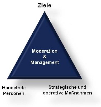 Dreieck mit folgendem Text an den Ecken: Ziele, Handelnde Personen, Strategische und operative Maßnahmen. Im Dreick: Moderation & Management